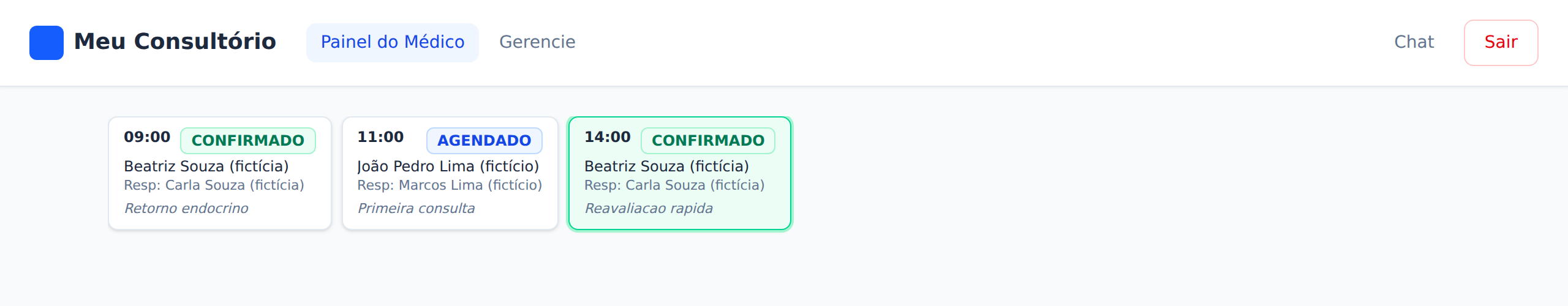 Painel do médico na Amyra mostrando a agenda de hoje com três consultas: confirmada, agendada e confirmada
