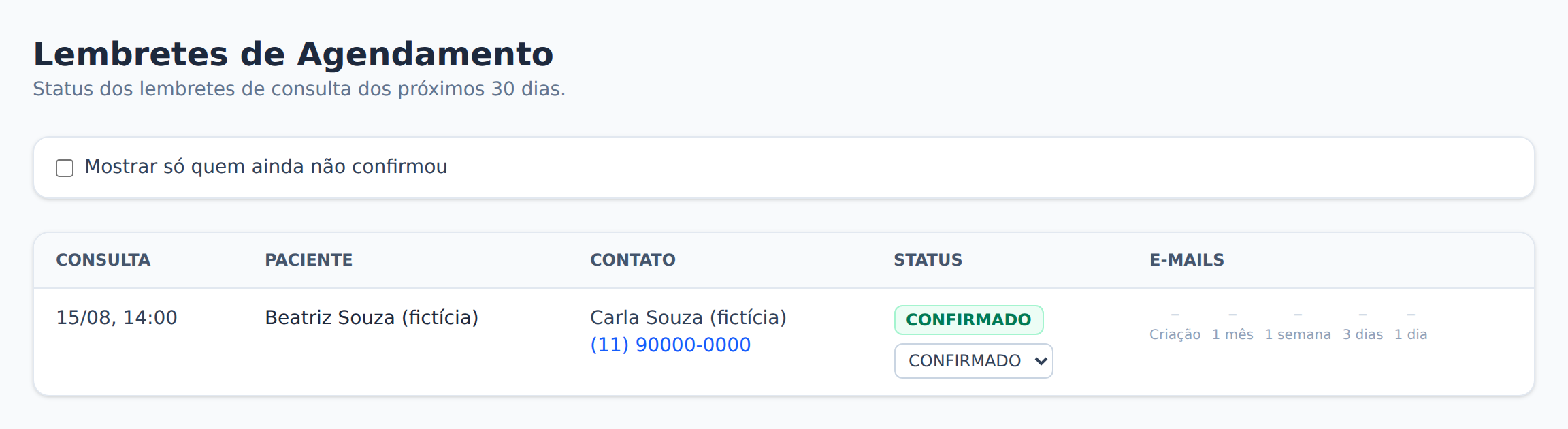 Tela de Lembretes de Agendamento da Amyra mostrando o status de confirmação de uma consulta e o histórico de envio dos lembretes